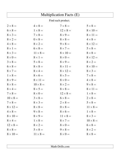 The 100 Horizontal Questions -- 8 by 0-12 (E) Math Worksheet