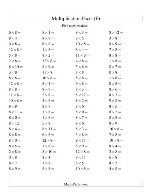 The 100 Horizontal Questions -- 8 by 0-12 (F) Math Worksheet