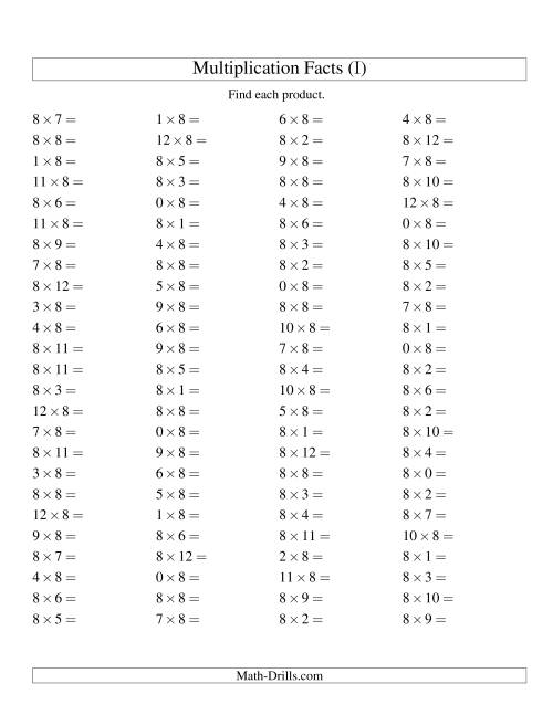 The 100 Horizontal Questions -- 8 by 0-12 (I) Math Worksheet