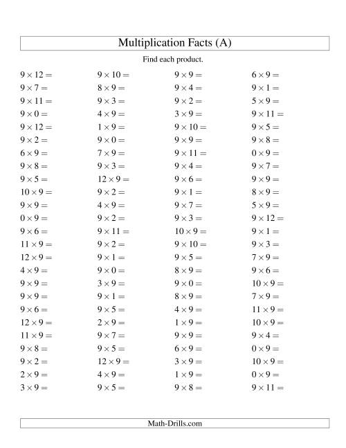 The 100 Horizontal Questions -- 9 by 0-12 (A) Math Worksheet