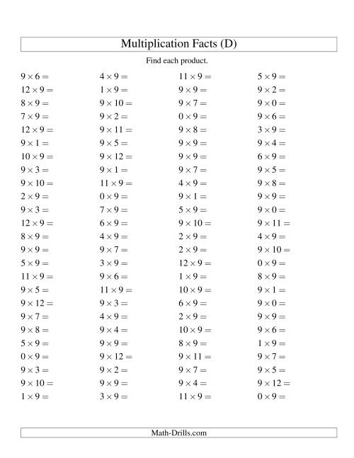 The 100 Horizontal Questions -- 9 by 0-12 (D) Math Worksheet