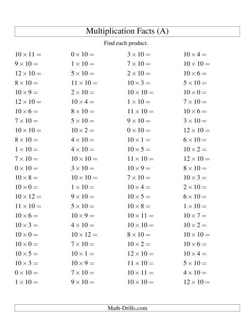 100 Horizontal Questions -- 10 by 0-12 (A)
