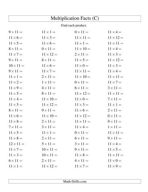 The 100 Horizontal Questions -- 11 by 0-12 (C) Math Worksheet