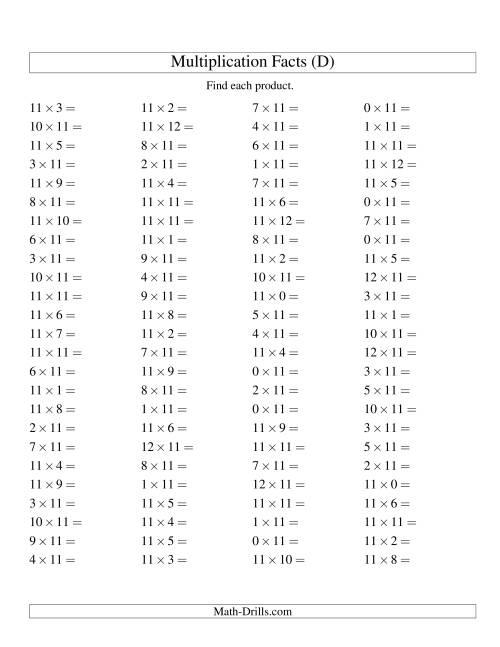 The 100 Horizontal Questions -- 11 by 0-12 (D) Math Worksheet