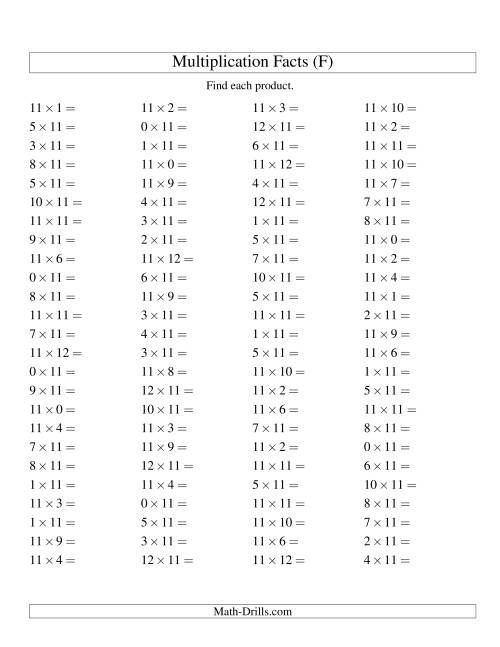 The 100 Horizontal Questions -- 11 by 0-12 (F) Math Worksheet