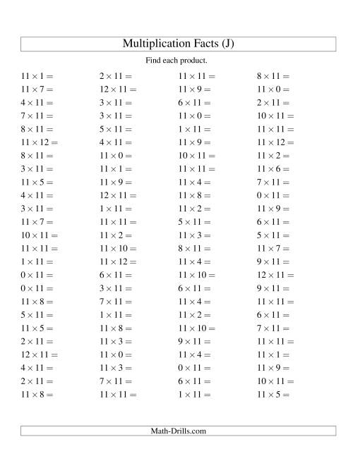 The 100 Horizontal Questions -- 11 by 0-12 (J) Math Worksheet