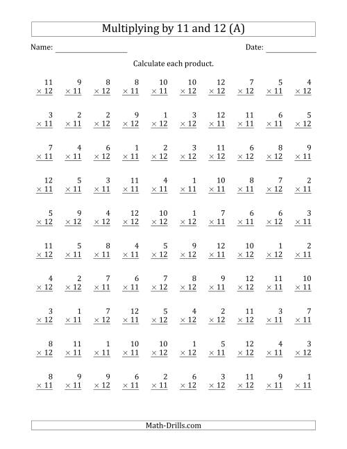 The Multiplying by Anchor Facts 11 and 12 (Other Factor 1 to 12) (A) Math Worksheet
