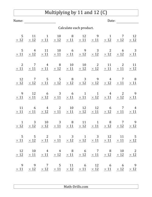 The Multiplying by Anchor Facts 11 and 12 (Other Factor 1 to 12) (C) Math Worksheet