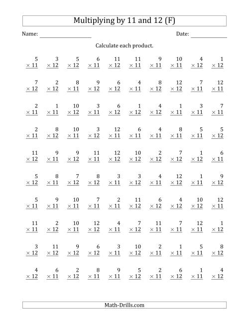 The Multiplying by Anchor Facts 11 and 12 (Other Factor 1 to 12) (F) Math Worksheet