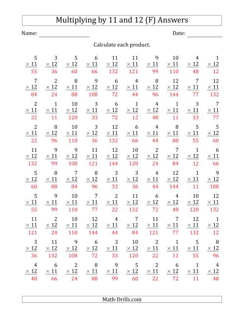 The Multiplying by Anchor Facts 11 and 12 (Other Factor 1 to 12) (F) Math Worksheet Page 2