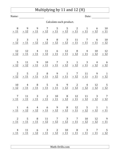 The Multiplying by Anchor Facts 11 and 12 (Other Factor 1 to 12) (H) Math Worksheet