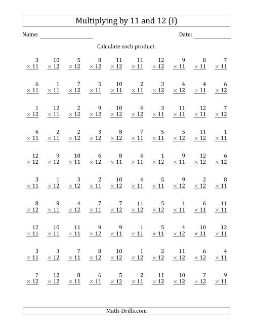 The Multiplying by Anchor Facts 11 and 12 (Other Factor 1 to 12) (I) Math Worksheet