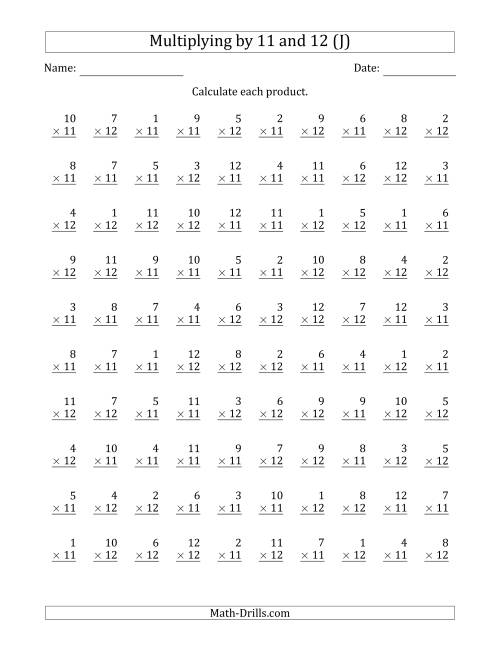 The Multiplying by Anchor Facts 11 and 12 (Other Factor 1 to 12) (J) Math Worksheet