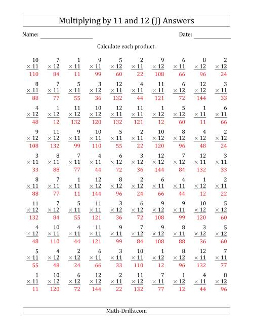 The Multiplying by Anchor Facts 11 and 12 (Other Factor 1 to 12) (J) Math Worksheet Page 2