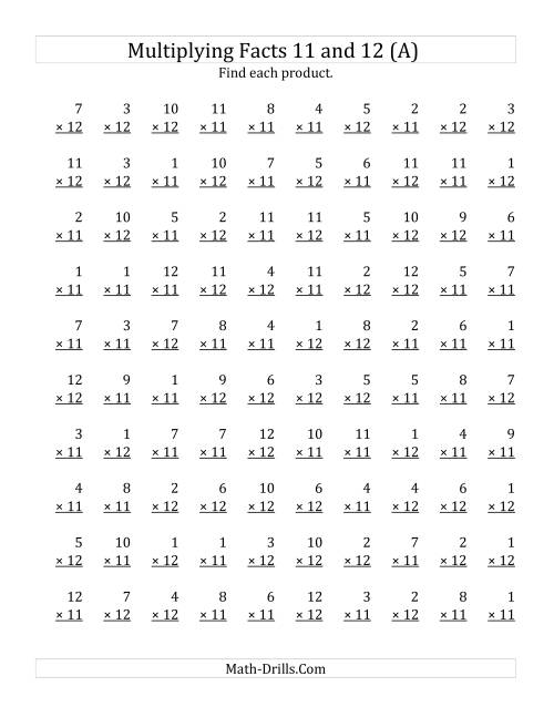 The Multiplying by Facts 11 and 12 (Other Factor 1 to 12) (Old) Math Worksheet