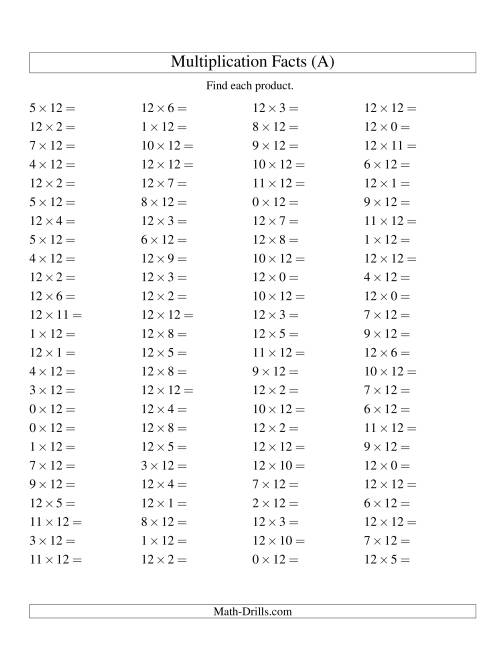 The 100 Horizontal Questions -- 12 by 0-12 (A) Math Worksheet