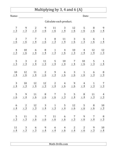 The Multiplying by Anchor Facts 3, 4 and 6 (Other Factor 1 to 12) (A) Math Worksheet