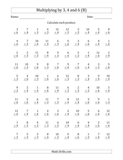 The Multiplying by Anchor Facts 3, 4 and 6 (Other Factor 1 to 12) (B) Math Worksheet