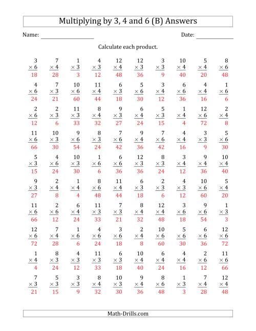 The Multiplying by Anchor Facts 3, 4 and 6 (Other Factor 1 to 12) (B) Math Worksheet Page 2