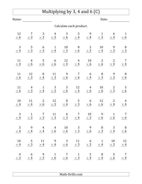 The Multiplying by Anchor Facts 3, 4 and 6 (Other Factor 1 to 12) (C) Math Worksheet