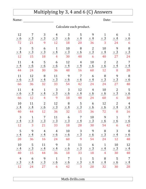 The Multiplying by Anchor Facts 3, 4 and 6 (Other Factor 1 to 12) (C) Math Worksheet Page 2