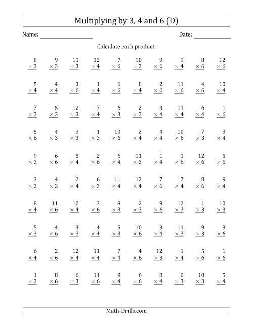 The Multiplying by Anchor Facts 3, 4 and 6 (Other Factor 1 to 12) (D) Math Worksheet