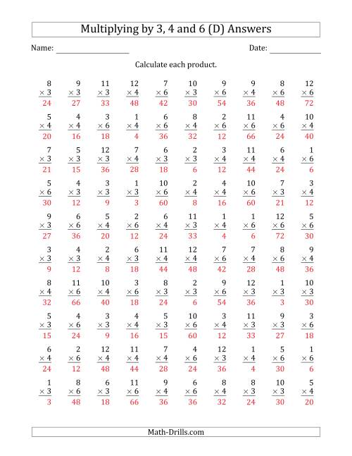 The Multiplying by Anchor Facts 3, 4 and 6 (Other Factor 1 to 12) (D) Math Worksheet Page 2