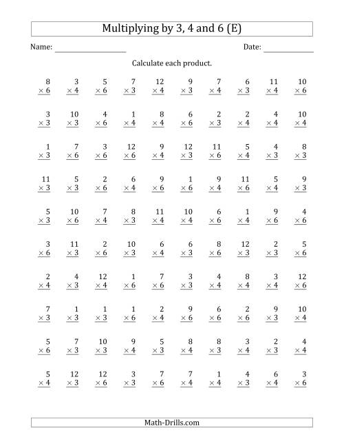 The Multiplying by Anchor Facts 3, 4 and 6 (Other Factor 1 to 12) (E) Math Worksheet