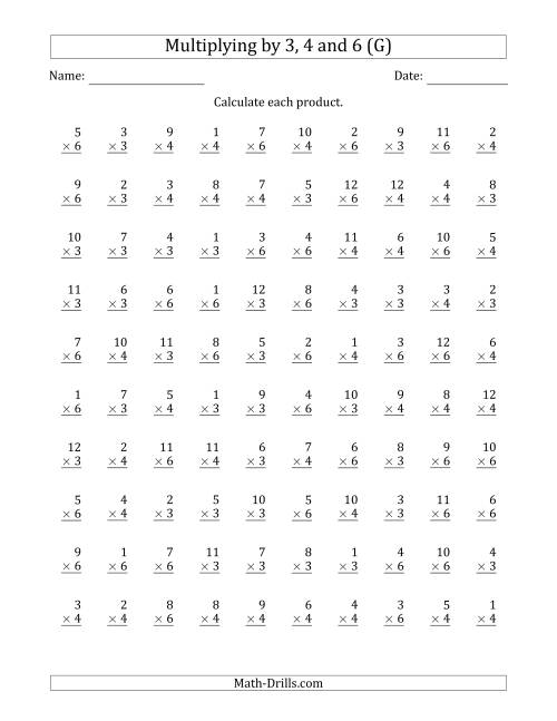 The Multiplying by Anchor Facts 3, 4 and 6 (Other Factor 1 to 12) (G) Math Worksheet