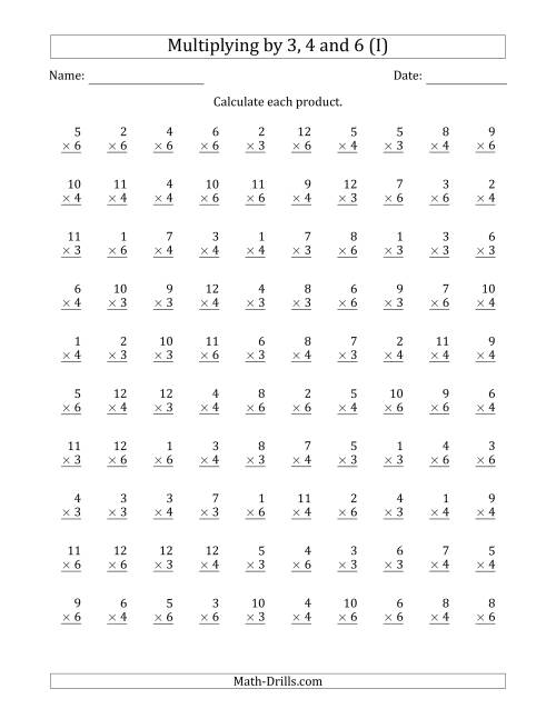 The Multiplying by Anchor Facts 3, 4 and 6 (Other Factor 1 to 12) (I) Math Worksheet