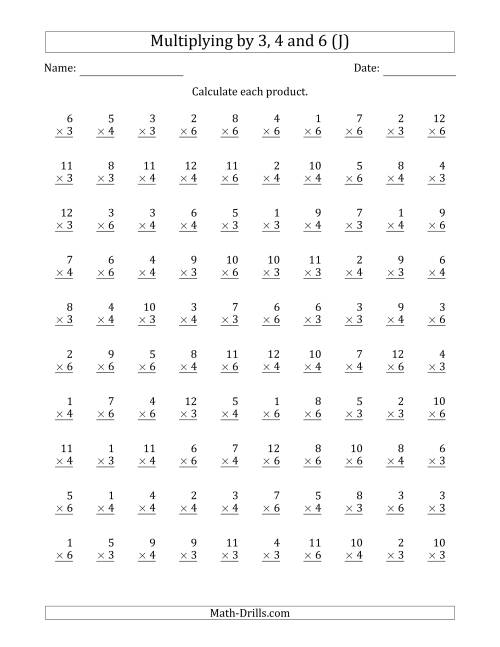 The Multiplying by Anchor Facts 3, 4 and 6 (Other Factor 1 to 12) (J) Math Worksheet