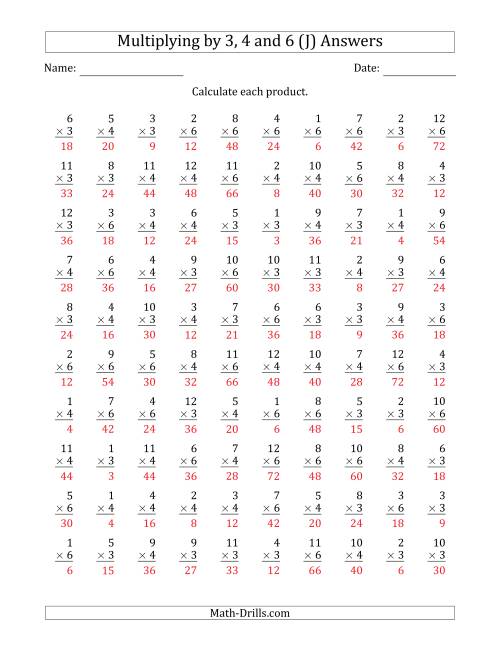 The Multiplying by Anchor Facts 3, 4 and 6 (Other Factor 1 to 12) (J) Math Worksheet Page 2