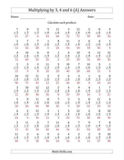 The Multiplying by Anchor Facts 3, 4 and 6 (Other Factor 1 to 12) (All) Math Worksheet Page 2