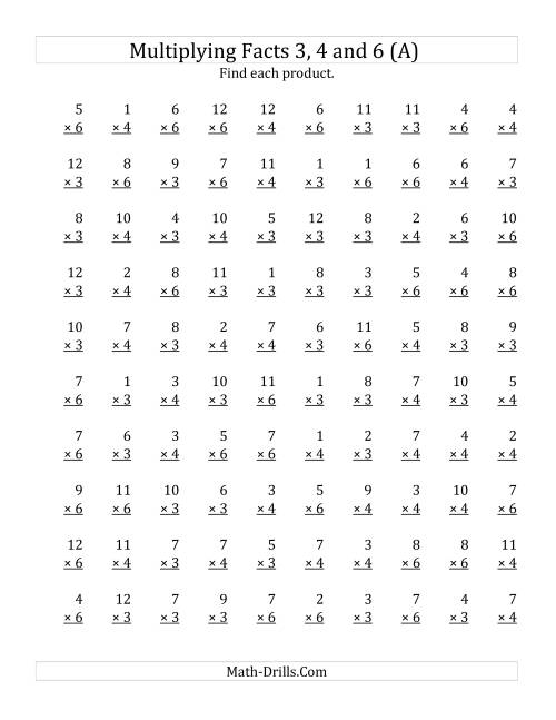 The Multiplying by Facts 3, 4 and 6 (Other Factor 1 to 12) (Old) Math Worksheet