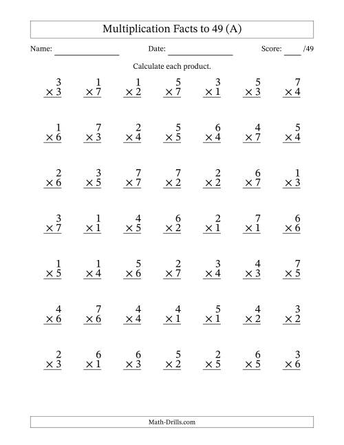 The Multiplication Facts to 49 (49 Questions) (No Zeros) (A) Math Worksheet
