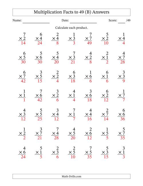 The Multiplication Facts to 49 (49 Questions) (No Zeros) (B) Math Worksheet Page 2