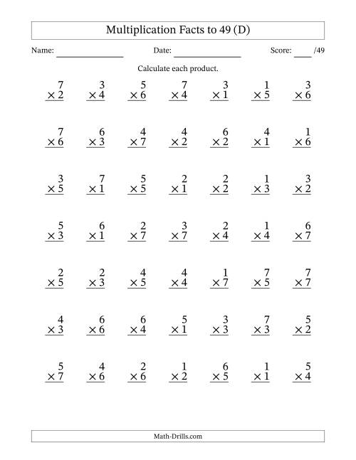 The Multiplication Facts to 49 (49 Questions) (No Zeros) (D) Math Worksheet