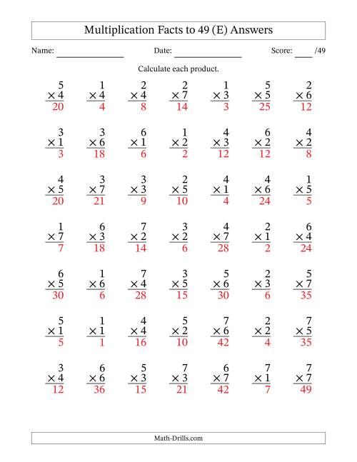 The Multiplication Facts to 49 (49 Questions) (No Zeros) (E) Math Worksheet Page 2