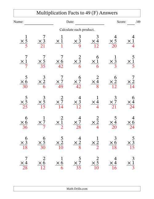 The Multiplication Facts to 49 (49 Questions) (No Zeros) (F) Math Worksheet Page 2