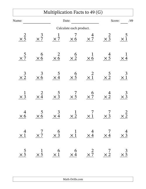 The Multiplication Facts to 49 (49 Questions) (No Zeros) (G) Math Worksheet