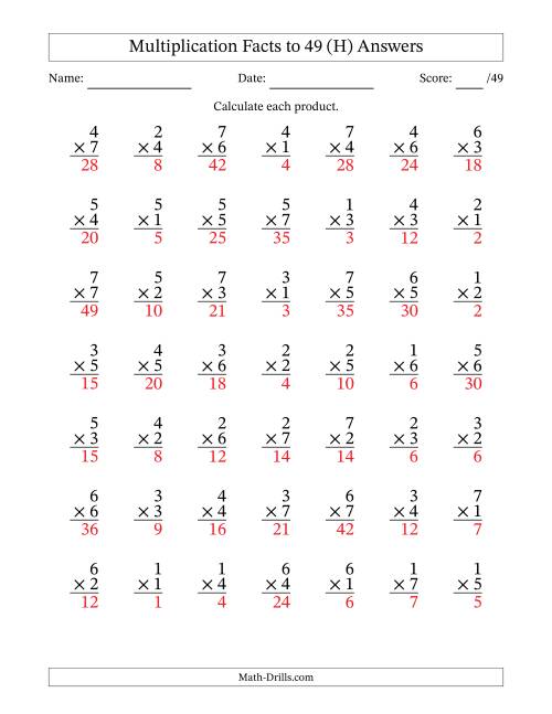 The Multiplication Facts to 49 (49 Questions) (No Zeros) (H) Math Worksheet Page 2