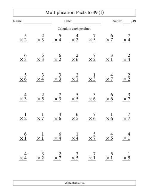 The Multiplication Facts to 49 (49 Questions) (No Zeros) (I) Math Worksheet