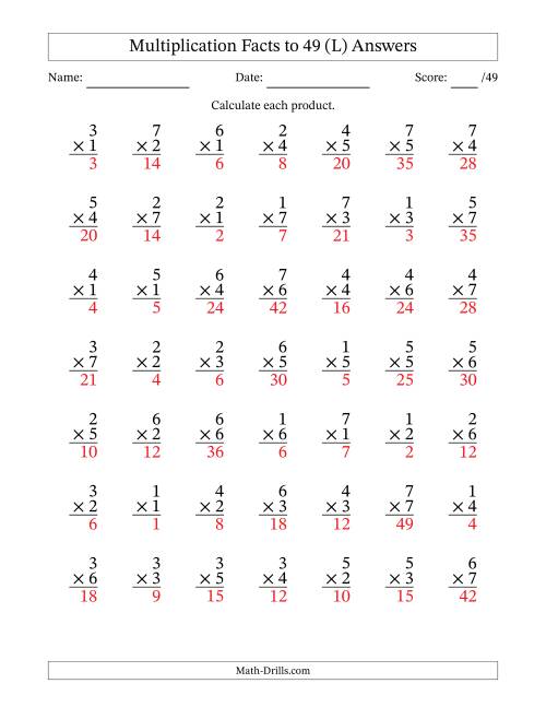 The Multiplication Facts to 49 (49 Questions) (No Zeros) (L) Math Worksheet Page 2