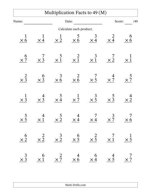 The Multiplication Facts to 49 (49 Questions) (No Zeros) (M) Math Worksheet