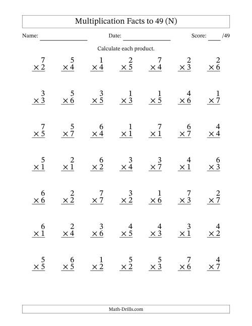 The Multiplication Facts to 49 (49 Questions) (No Zeros) (N) Math Worksheet