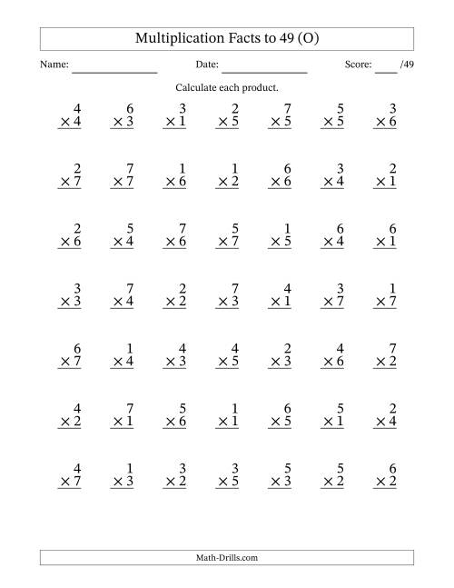 The Multiplication Facts to 49 (49 Questions) (No Zeros) (O) Math Worksheet