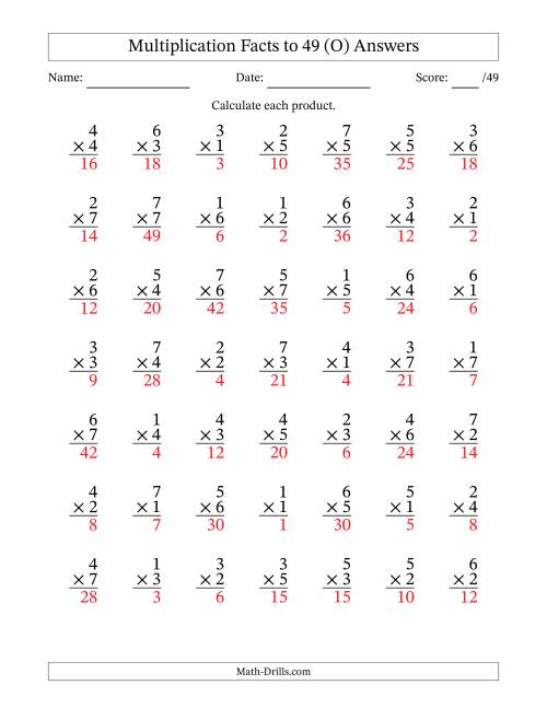The Multiplication Facts to 49 (49 Questions) (No Zeros) (O) Math Worksheet Page 2