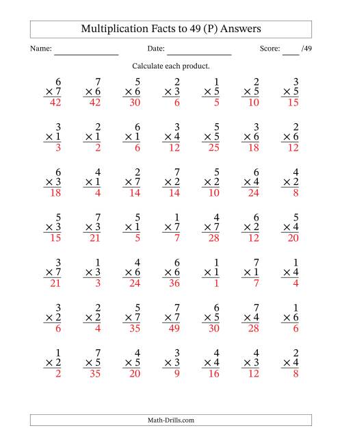 The Multiplication Facts to 49 (49 Questions) (No Zeros) (P) Math Worksheet Page 2