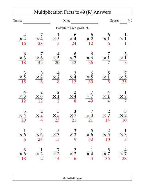 The Multiplication Facts to 49 (49 Questions) (No Zeros) (R) Math Worksheet Page 2