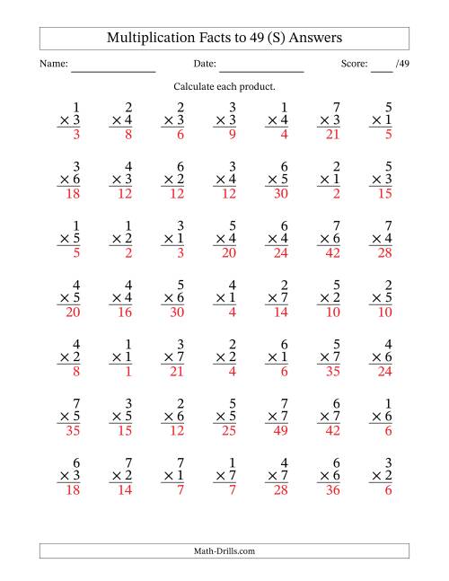 The Multiplication Facts to 49 (49 Questions) (No Zeros) (S) Math Worksheet Page 2